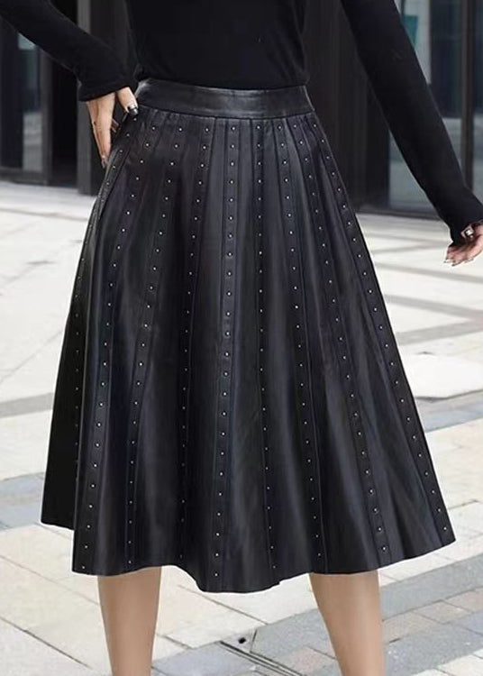 Black Wrinkled Rivet High Waist Sheepskin Skirts Spring