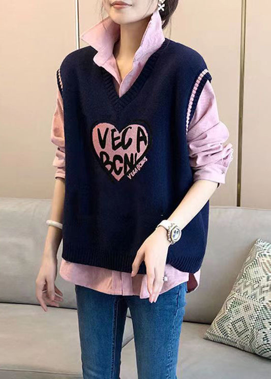 Modern Pink Shirts and Navy Vest Knit Two Pieces Set Fall