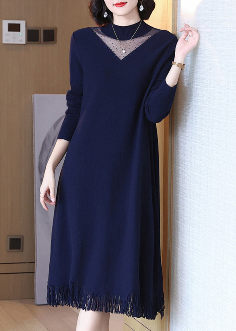 Navy O-neck Tasseled Wool Knit Dress Long Sleeve