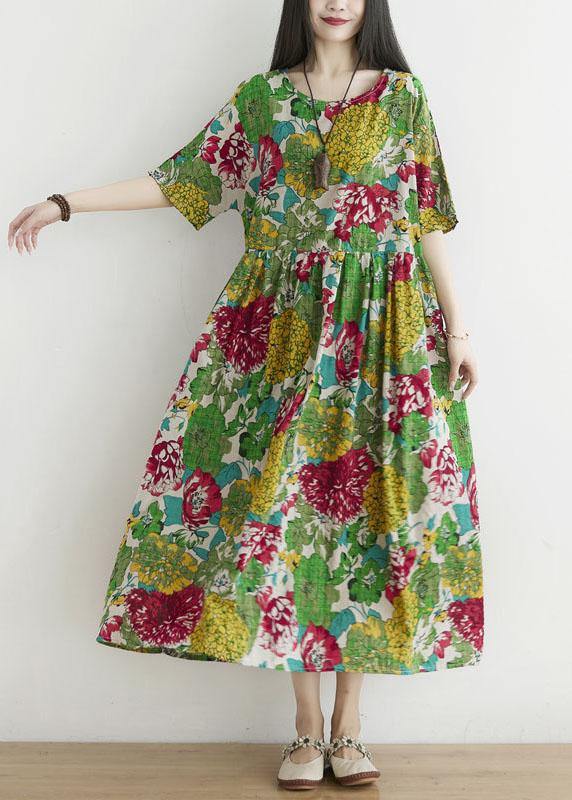 Green O-neck Patchwork Print Fall Ankle Dress Half Sleeve