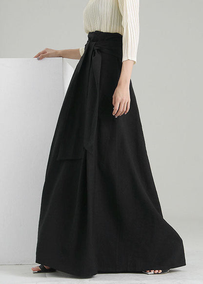 Black Tie Waist Wrinkled Maxi Skirts Spring