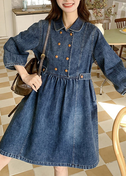Navy Peter Pan Collar Wrinkled Patchwork Denim Long a Line Dress Spring