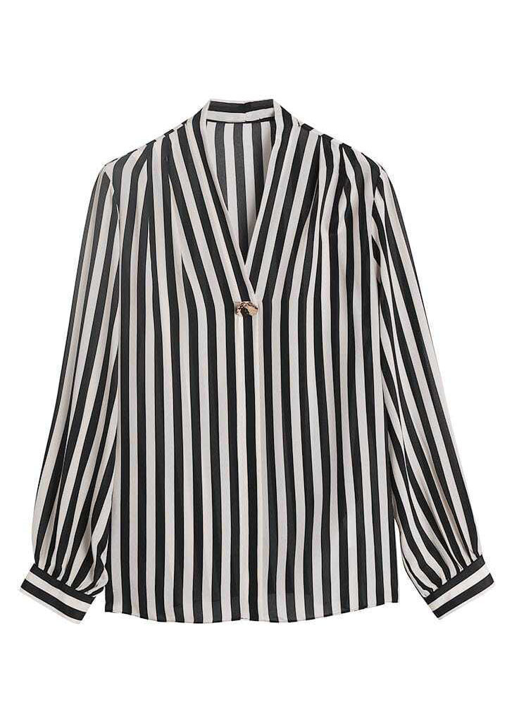 Black V Neck Striped Patchwork Silk Shirt Tops Spring