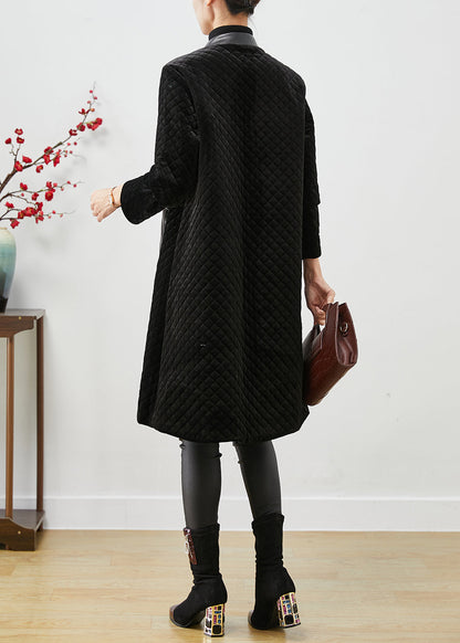 Black Patchwork Pockets Silk Velour Fine Cotton Filled Coats Winter