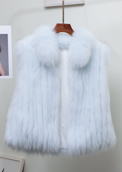 Fine Light Blue Stand Collar Leather and Fur Waistcoat Sleeveless