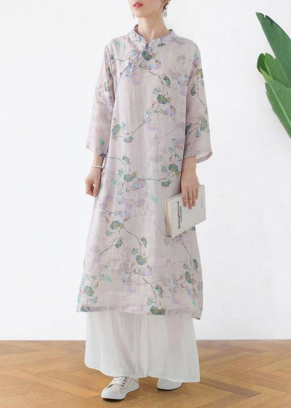 Comfy Light Purple Print Oriental Ramie Maxi Dresses Fall