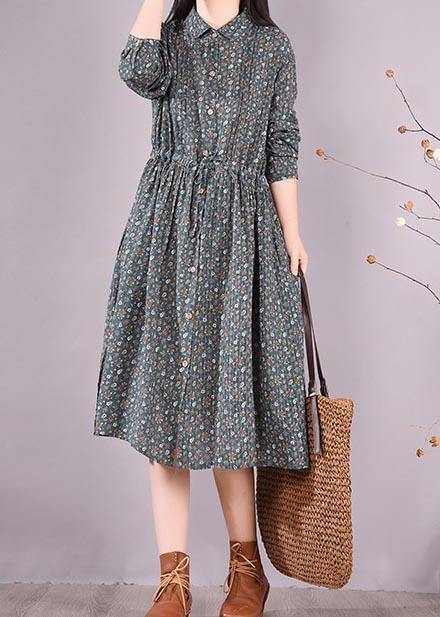 Vivid Green Print Dresses Lapel Drawstring a Line Spring Dress