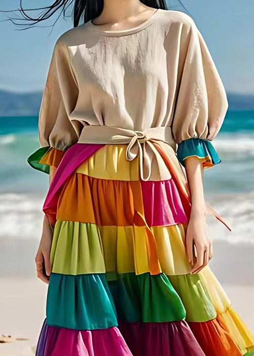 Beige Chiffon Patchwork Linen Dress Flare Sleeve