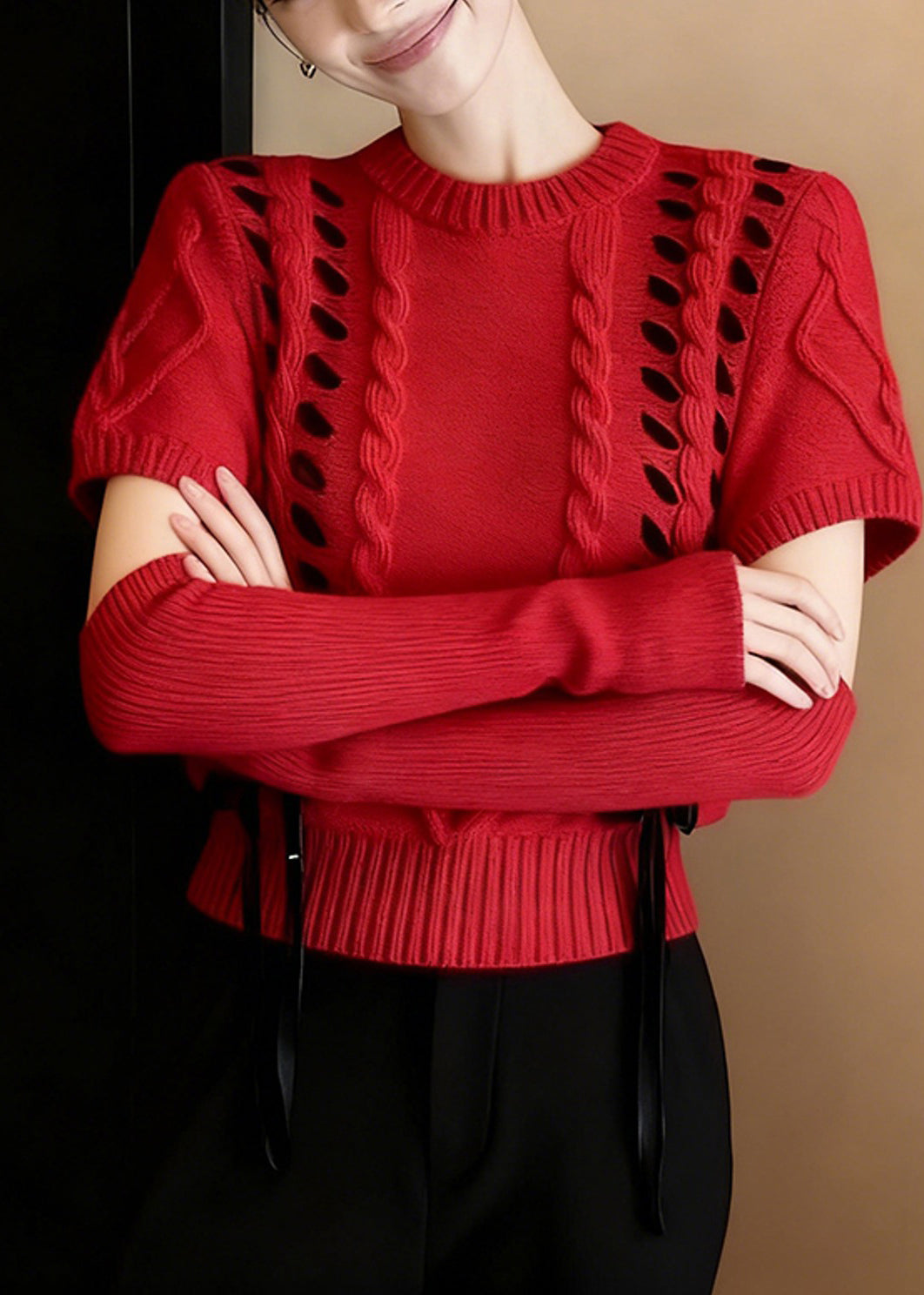 Red Warm Cable Knit Sweater Half Sleeve