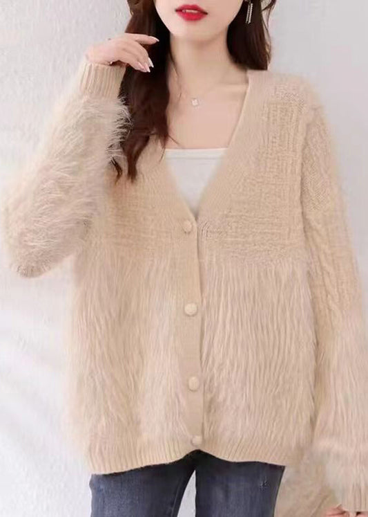 Khaki V Neck Patchwork Mink Hair Knitted Cardigan Fall