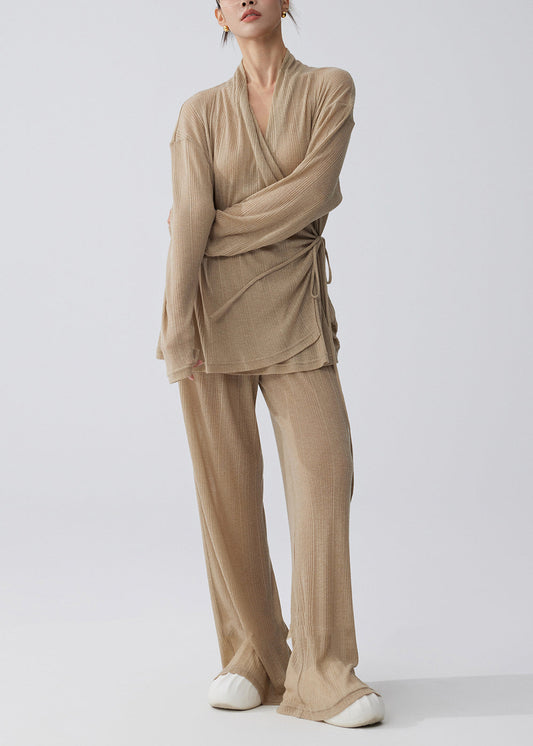 Coffee Tie Waist Side Knit Two Pieces Set Summer