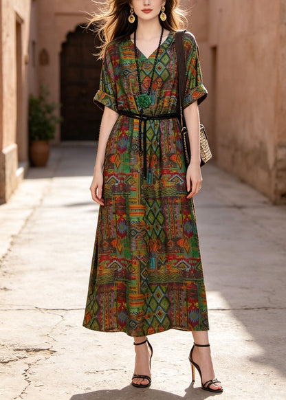 New V Neck Print Pockets Loose Cotton Maxi Dress Summer