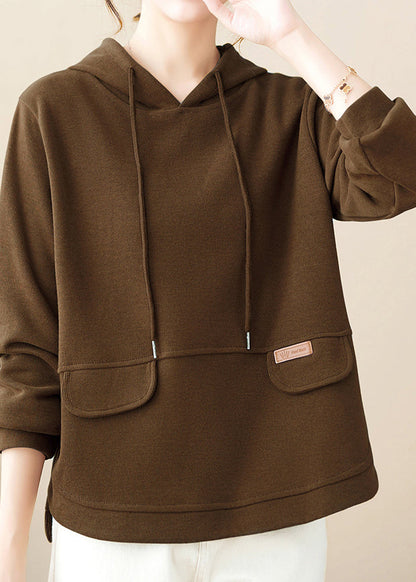 Coffee Hooded Patchwork Simple Cotton Pullover Fall