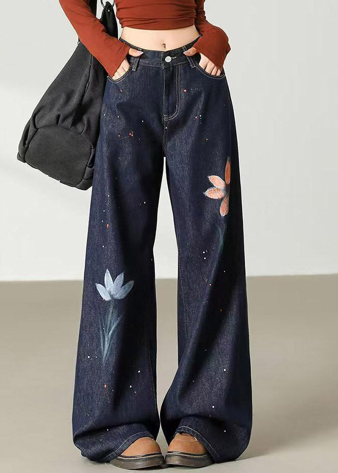 Handmade Dark Blue Pockets Print Wide Leg Jeans Summer