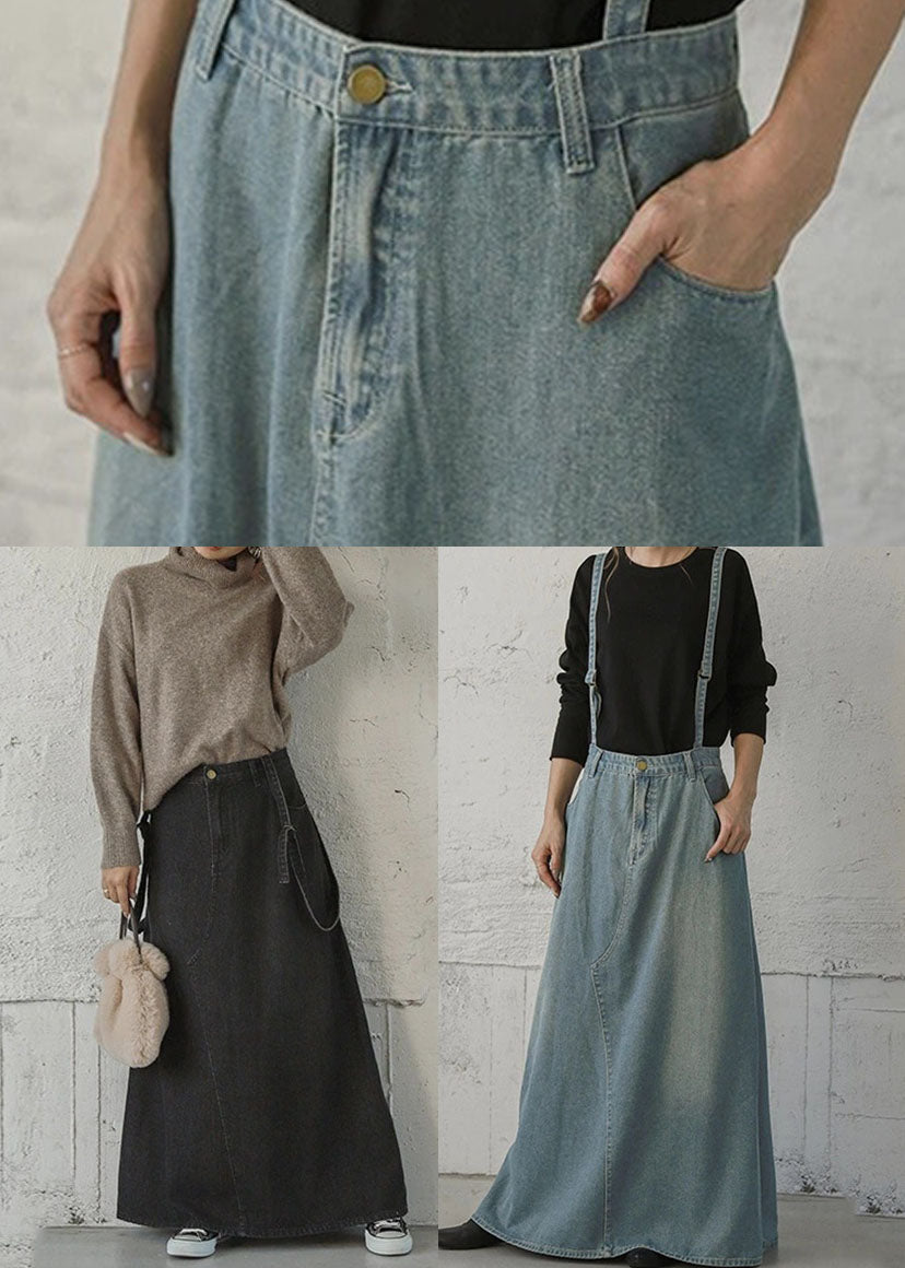 Denim Light Blue Buttons Zipper Side Pockets Ankle Length Skirts