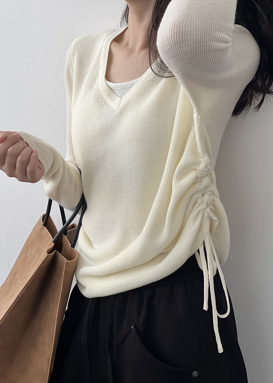 French Apricot V Neck Cinched Knit T Shirts Top Fall