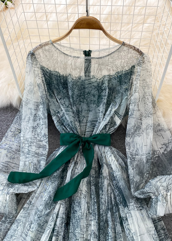 Green O-neck Slim Tulle Long Dress Puff Sleeve
