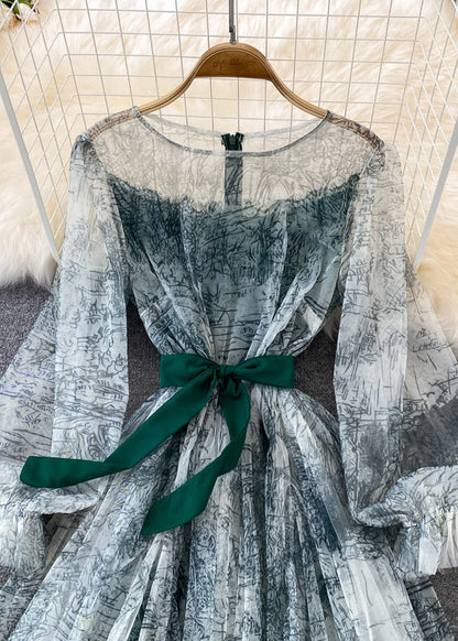Green O-neck Slim Tulle Long Dress Puff Sleeve