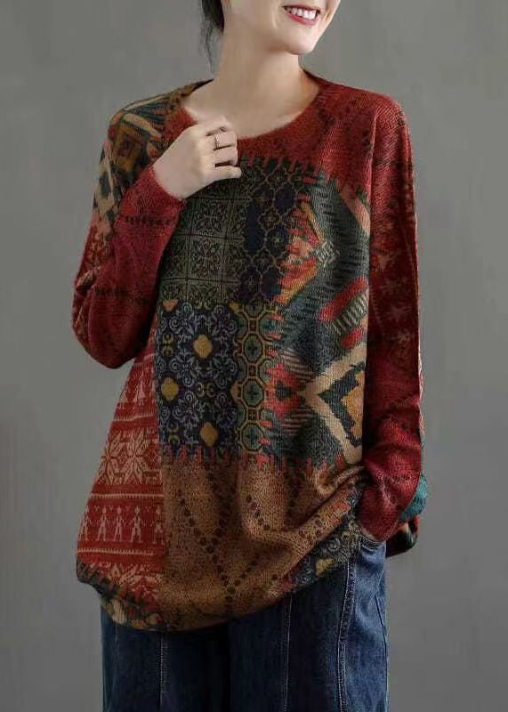 Red O Neck Print Cozy Mink Hair Knitted Sweaters Long Sleeve