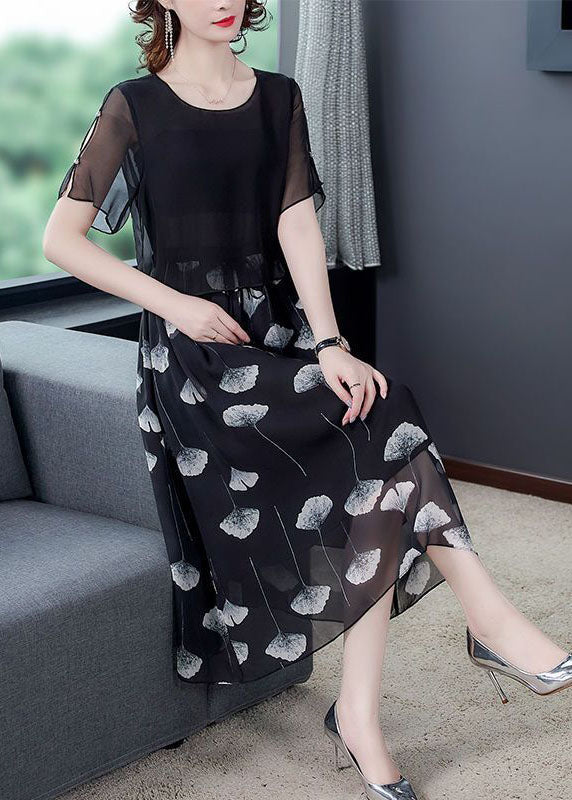 Black Hollow Out Patchwork Silk Fake Two Piece Dress Summer