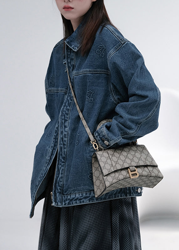 Classy Denim Blue Stand Collar Patchwork Pockets Coats Fall