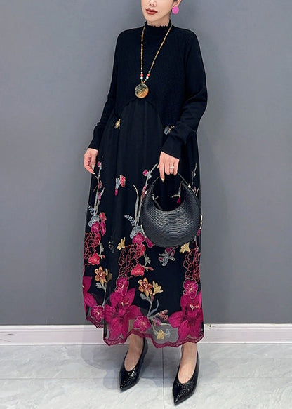 Rose Turtleneck Embroideried Tulle Patchwork Dress Fall