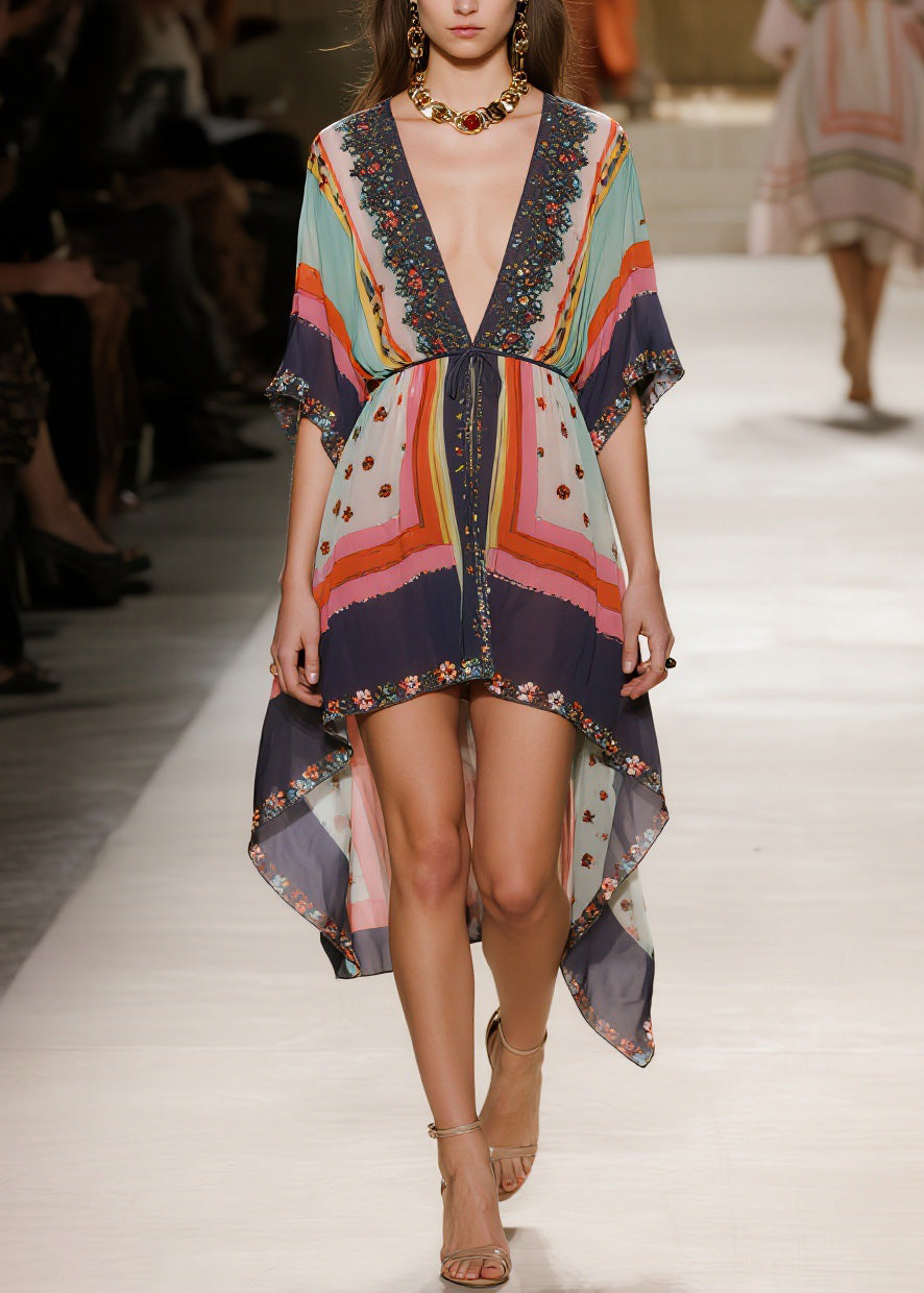 V Neck Print Low High Design Chiffon Dress Summer