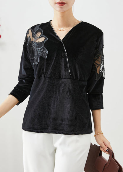 Black Hollow Out Patchwork Silk Velour Shirt Fall