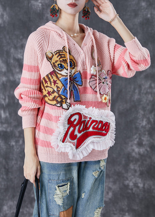 Pink Animal Embroideried Patchwork Knit Pullover Tops Fall