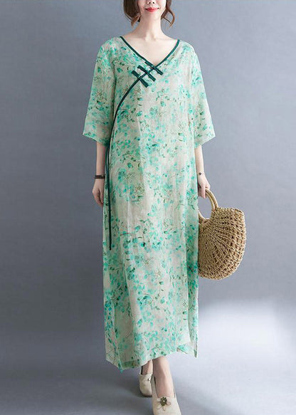V Neck Print Button Side Open Holiday Dress Three Quarter Sleeve