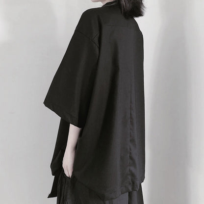 Notched Patchwork Tunic Shape Black Blouses