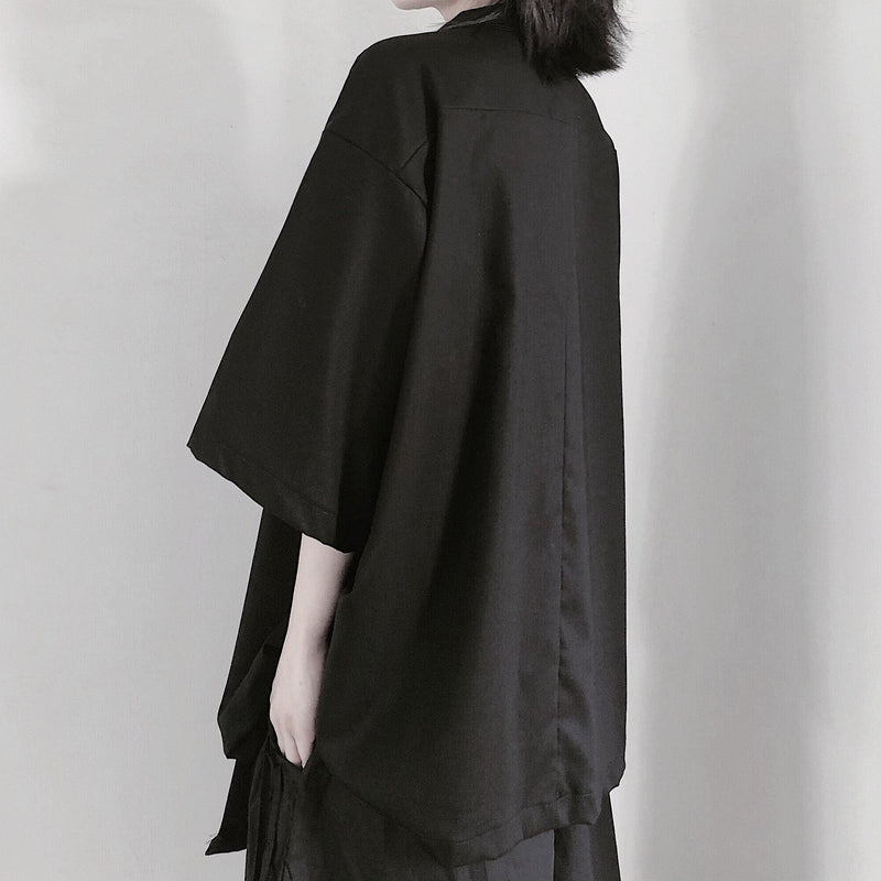 Notched Patchwork Tunic Shape Black Blouses