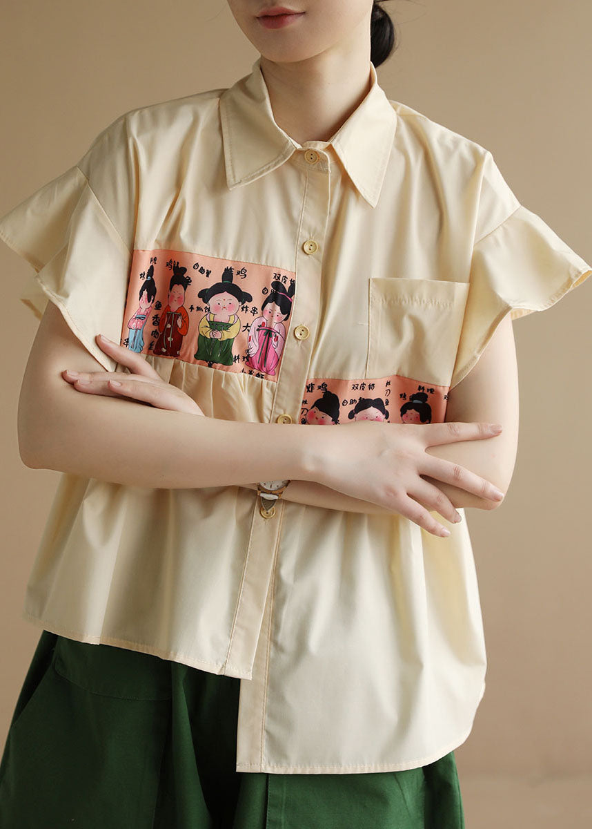 Yellow Asymmetrical Patchwork Ruffles Print Cotton Blouse Top Short Sleeve