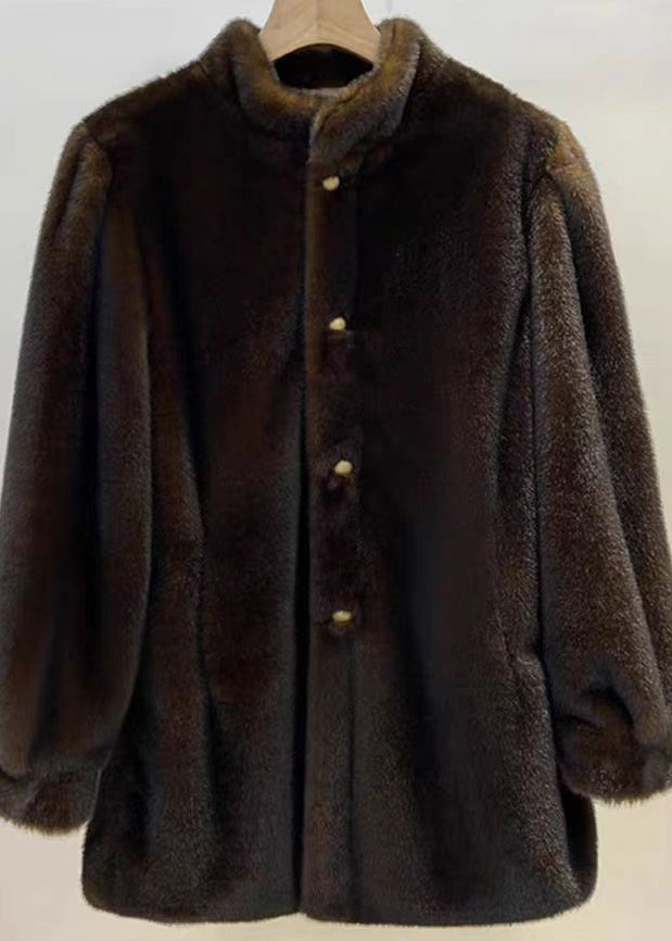 Simple Coffee O-neck Button Thick Fuzzy Fur Coat Long Sleeve