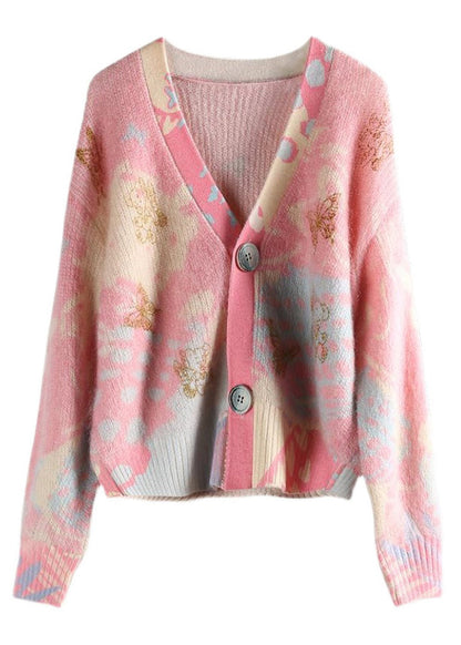 Pink V Neck Button Patchwork Cotton Knit Coats Long Sleeve