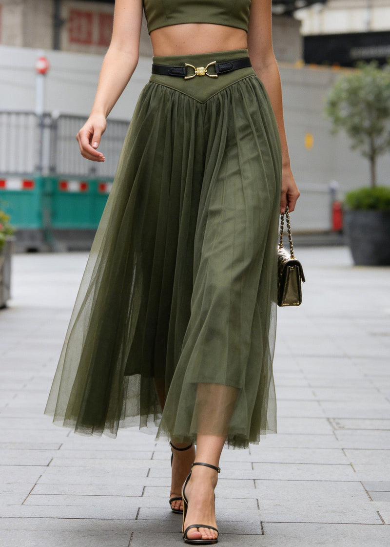 Simple Green Wrinkled Patchwork Tulle Skirts Spring