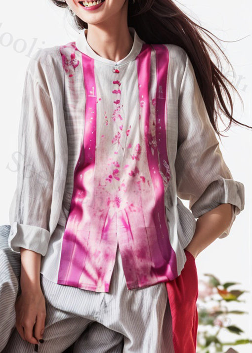 New Rose Print Side Open Patchwork Cotton Top Long Sleeve