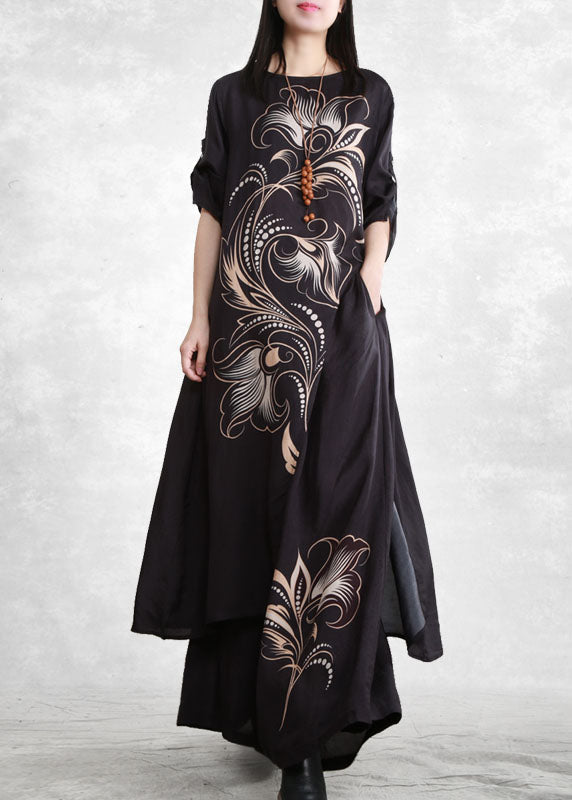 Black Asymmetrical Pockets Print Tops and Wide Leg Pants Two Pieces Set Spring