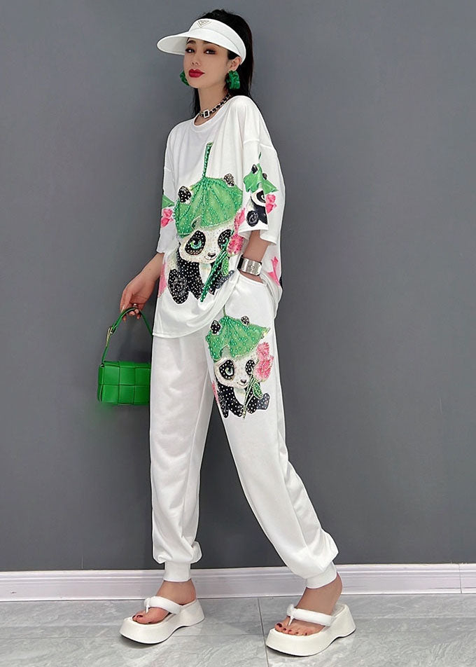 White O-neck Panda Print Cotton Two Piece Set Clothing Summer