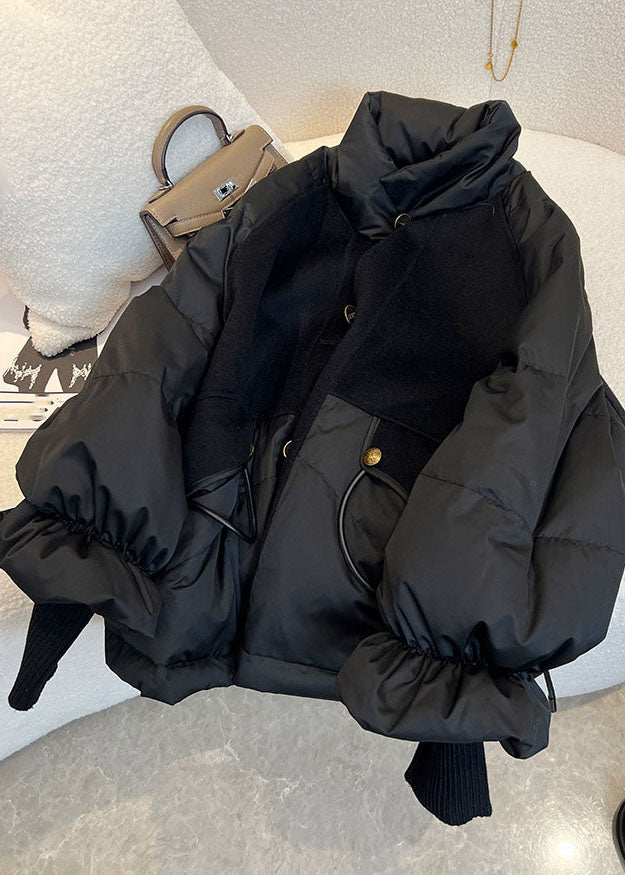 Black Stand Collar Drawstring Zippered Fine Cotton Filled Puffer Jacket Winter