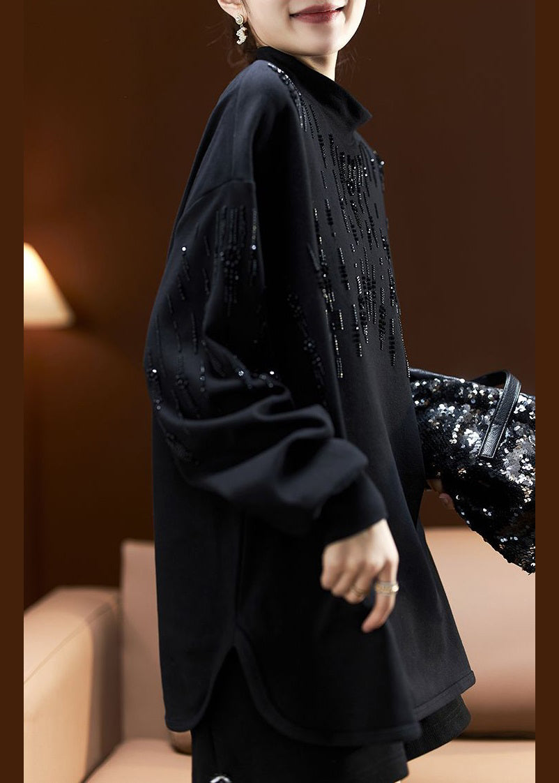 Dark Gray Turtleneck Print Bead Cotton Sweatshirt Long Sleeve