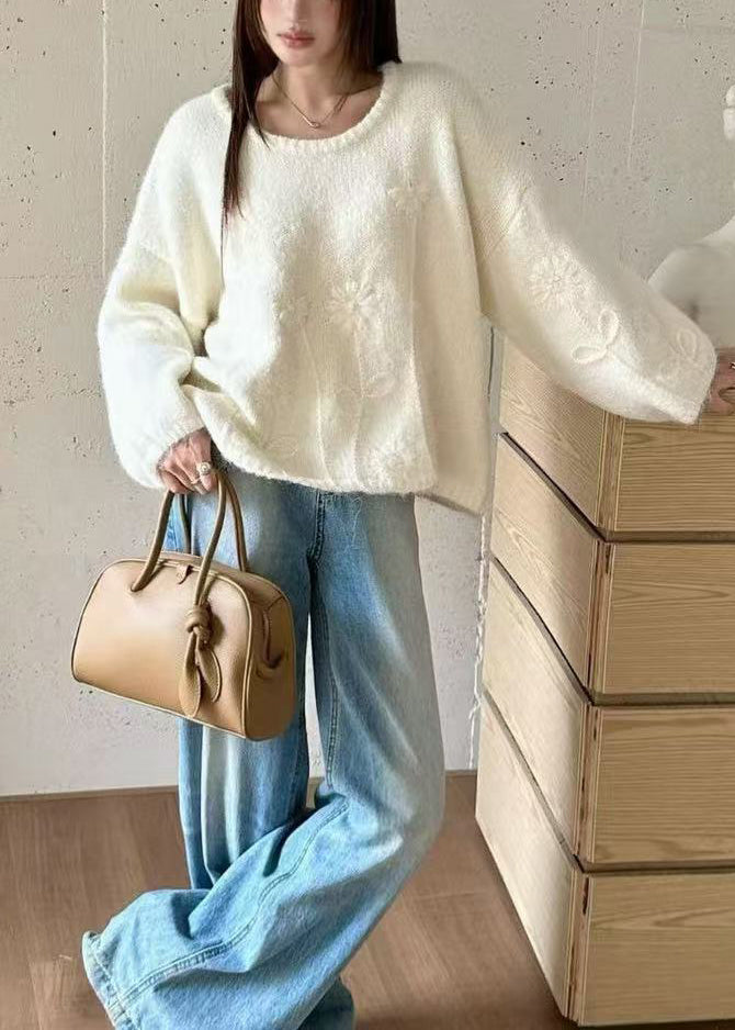 White Oversized Jacquard Knit Sweaters Winter