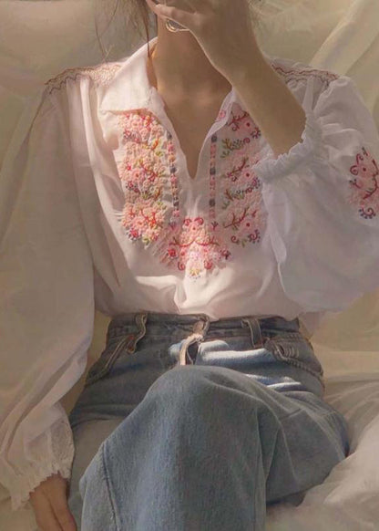 White Embroideried Patchwork Chiffon Shirt Fall