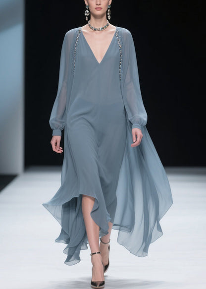 Simple Blue V Neck Chiffon Long Dress Spring