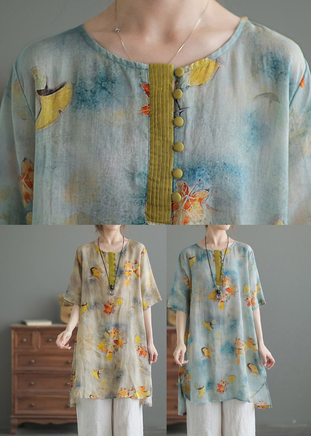 Yellow O-neck Print Button Side Open Linen Tops Half Sleeve