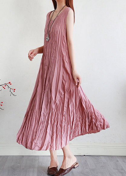Pink Silk Linen Long Dress O Neck Summer