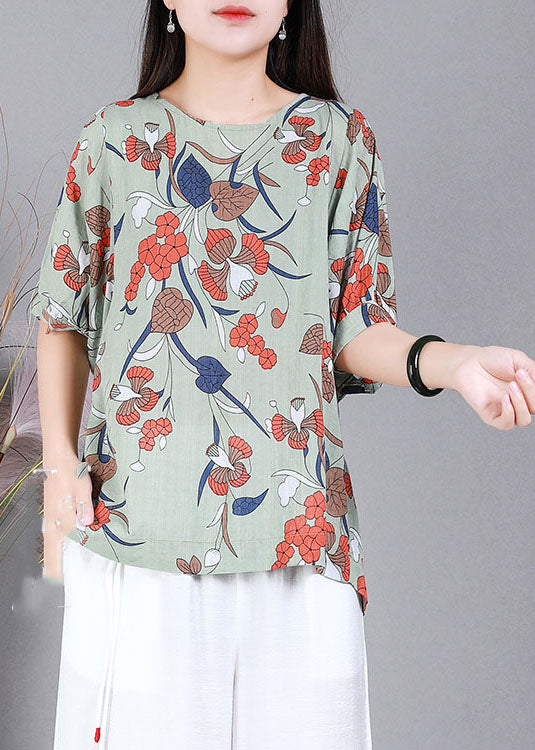 Italian Green O-neck Print Cotton Shirt Top Half Sleeve