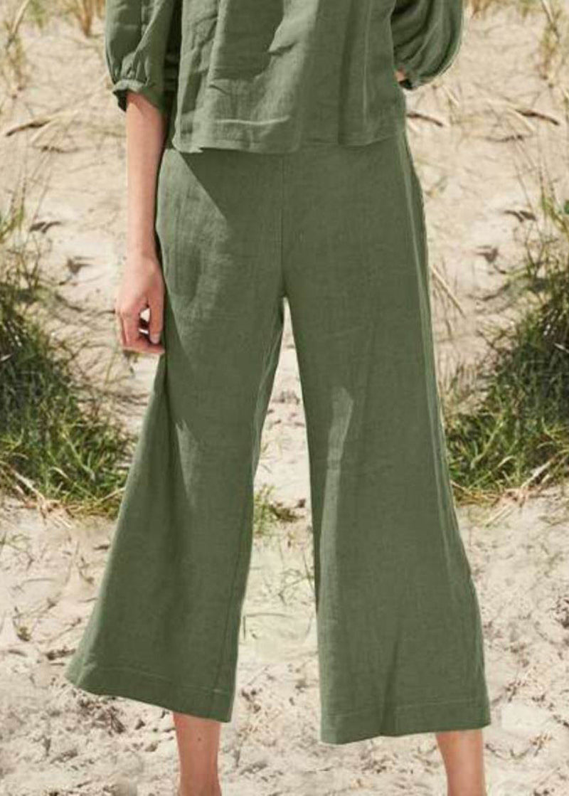 Style Khaki Square Collar Top and Crop Pants Two Pieces Set Half Sleeve