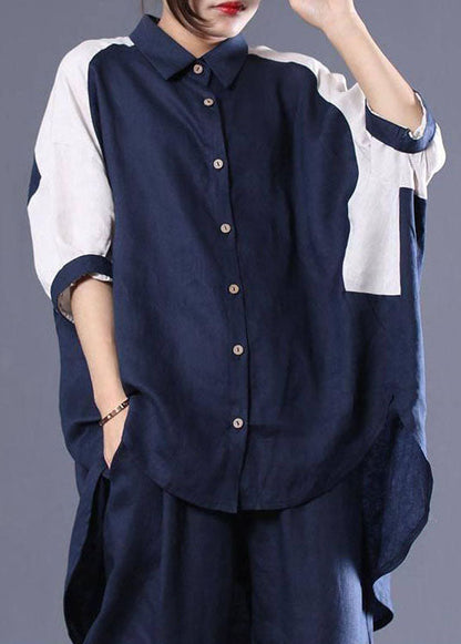 Navy Oversized Patchwork Cotton Two Pieces Set Batwing Sleeve