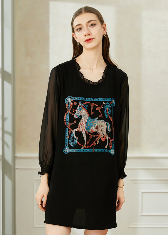 Black Ruffled Print Chiffon Holiday Dress Spring